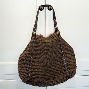 Lauren Ralph Lauren Brown Crochet Paper Straw Hobo Shoulder Bag Tote Large